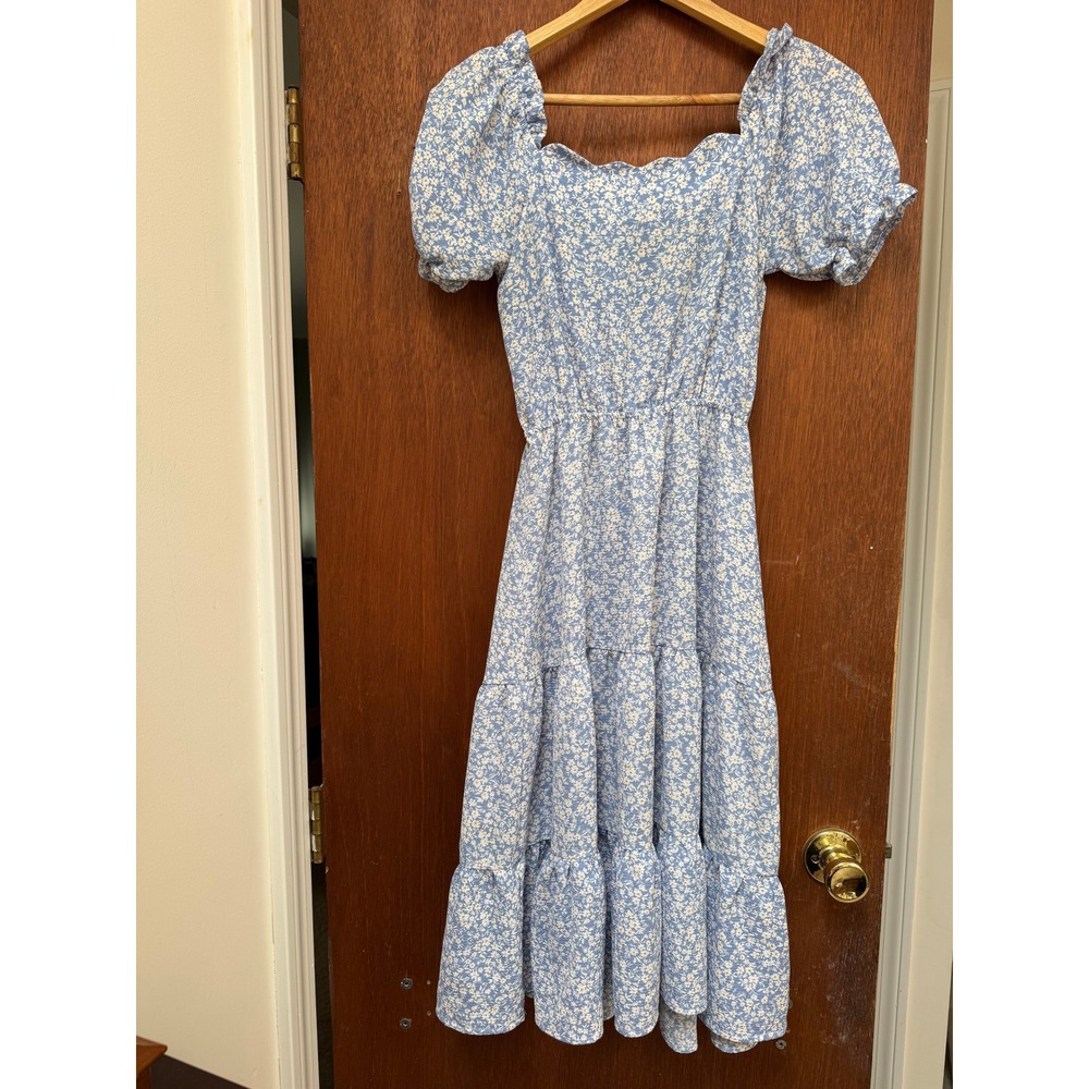 Monteau Los Angeles Blue White Floral Puff Sleeve Tiered Midi Dress XS Cottage